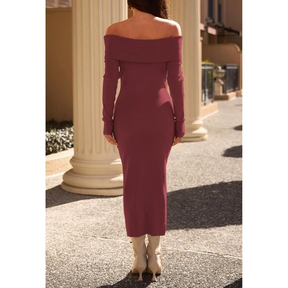Merokeety Women's Burgundy Off Shoulder Long Sleeve Elegant Bodycon Midi Dress - Picture 5 of 9
